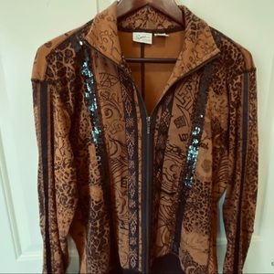 Spa by Chico’s Printed Brown and Black Zip Up Coat